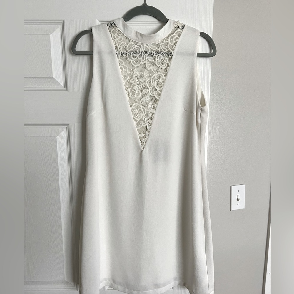 White high neck, deep V dress